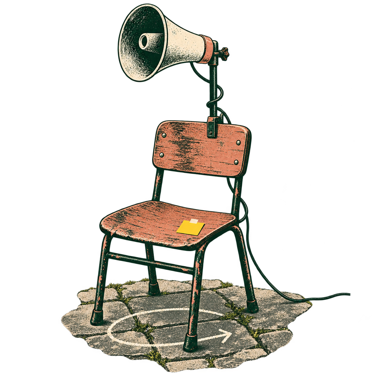 A battered classroom chair with a loudspeaker clamped to its back.